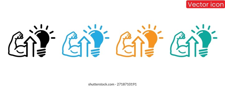 Conjunto de ícones vetoriais coloridos com um braço flexionado com uma lâmpada e uma seta, simbolizando ideias, inspiração e progresso