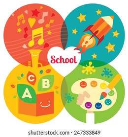 Set of colorful vector icons. Happy school: music, rocket, notebook, palette