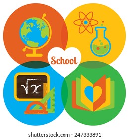 Set of colorful vector icons. Happy school: globe, flask, atom, chalkboard, notebook