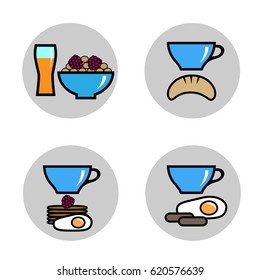 set of colorful vector icons for hotel with different types of breakfast - healthy, continental, english, american 