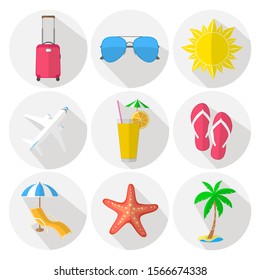 Set of colorful vector icons illustrating vacation and travel. Flat design with shadow.