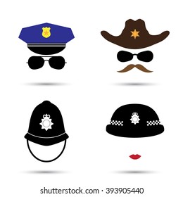 Set of colorful vector icons isolated on white. Policeman icon.  Sheriff icon. Cowboy icon. British police helmet 