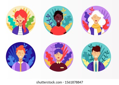 Set of colorful vector icons. Multinational team. Natural modern design. Flat style.