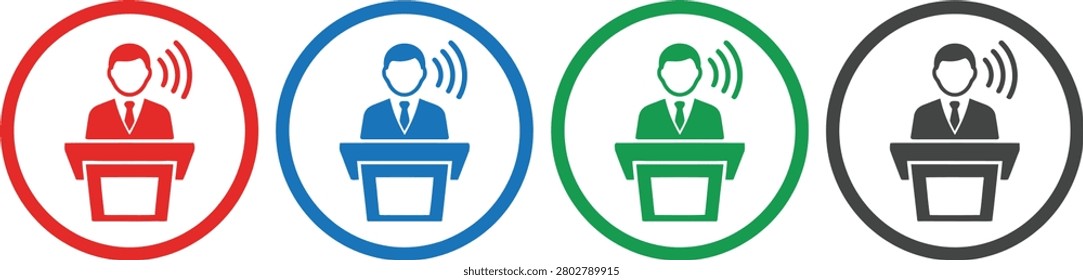 Set of colorful vector icons showing a person speaking at a podium for public speaking and conference presentations.