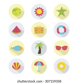 A set of colorful vector icons for summer vacation, background, pattern.
earth, sun, starfish, water melon, travel bag, tube, fish, palm tree, sunglasses, clam, shellfish, umbrella, pine apple.