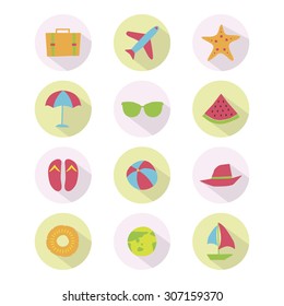 A set of colorful vector icons for summer vacation, background, pattern.
travel bag, air plane, starfish, umbrella, sunglasses, water melon, beach sandal, beach ball, hat, pine apple, earth, boat