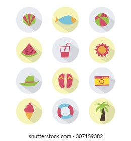 A set of colorful vector icons for summer vacation, background, pattern.
clam, shellfish, fish, beach ball, water melon, juice, sun, hat, beach sandal, camera, ice cream, tube, palm tree.