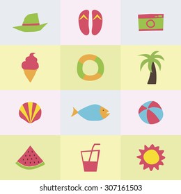 A set of colorful vector icons for summer vacation, background, pattern.
clam, shellfish. fish, hat, beach sandal, camera, ice cream, beach ball, water melon, sunglasses, sun, tube, palm tree.