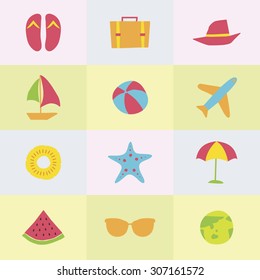 A set of colorful vector icons for summer vacation, background, pattern.
pine apple, starfish, beach sandal, travel bag, hat, boat, umbrella, water melon, sunglasses, earth, beach ball, air plane.