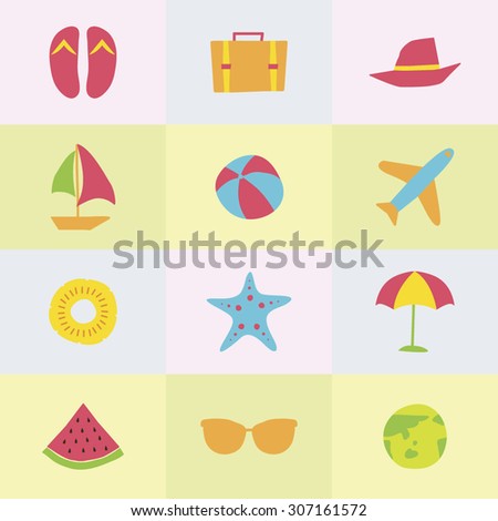 A set of colorful vector icons for summer vacation, background, pattern.
pine apple, starfish, beach sandal, travel bag, hat, boat, umbrella, water melon, sunglasses, earth, beach ball, air plane.