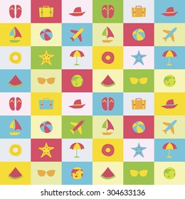 A set of colorful vector icons for vacation, background, pattern.
beach sandal, travel bag, hat, boat, yacht, beach ball, air plane, starfish, umbrella, pine apple, sunglasses, earth, water melon, 