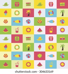 A set of colorful vector icons for vacation, background, pattern.
hat, beach sandal, camera, ice cream, tube, palm tree, clam, shellfish, fish, beach ball, juice, sun, 