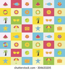 A set of colorful vector icons for vacation, background, pattern.
water melon, fish, clam, shellfish, tube, sun, pine apple, palm tree, sunglasses, umbrella, earth, camera, 