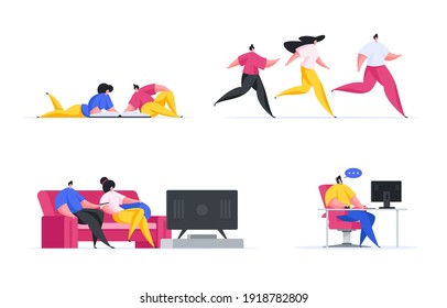 Set of colorful vector illustration of cartoon men and women doing various entertainment activities together while living in modern world