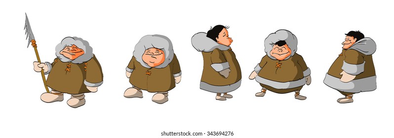 A set of colorful vector illustration of cartoon eskimos or northern people living around the arctic circle.