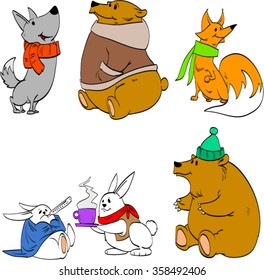 A set of colorful vector illustration of cartoon forest animals during the winter, wearing warm clothes. A wolf, bears, fox, rabbits, one of which is sick.