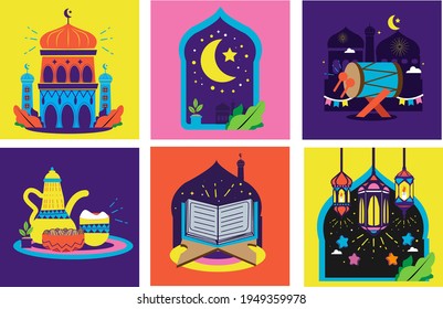 Set Colorful Vector Illustration For The Celebration Of Holy Month Ramadan Kareem Islam using for card and banner 