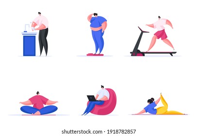 Set of colorful vector illustration of contemporary men and woman doing exercises and washing hands while taking care of health
