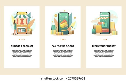 Set of colorful vector illustration of mobile retail online shopping concept. Smartphone with marketplace, digital store, supermarket application on screen. Purchase, payment in smartphone mobile app