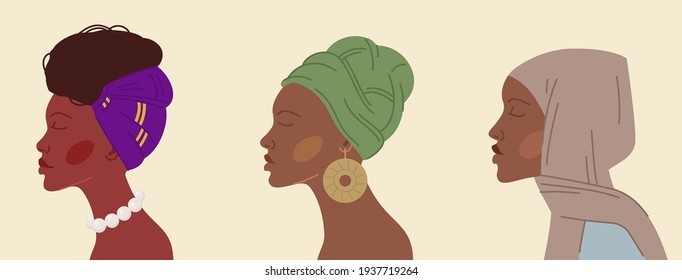 Set of colorful vector illustrations of African women in various traditional headscarves and accessories on beige background