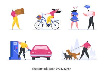 Set of colorful vector illustrations of contemporary men and women in casual clothes doing various everyday activities in modern world