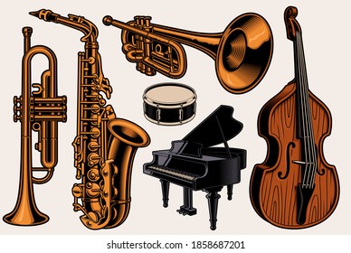 A set of colorful vector illustrations of different musical instruments isolated on white background