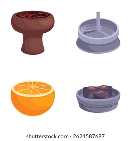 Conjunto de ilustrações vetoriais coloridas com partes de narguilé e frutas fatiadas