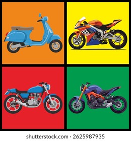 Set of colorful vector illustrations of four different motorcycles: classic scooter, sport bike, vintage cafe racer, and modern naked bike. Each bike is displayed in a bold square 