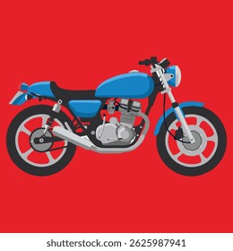 Set of colorful vector illustrations of four different motorcycles: classic scooter, sport bike, vintage cafe racer, and modern naked bike. Each bike is displayed in a bold square 