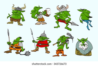 A set of colorful vector illustrations of green goblins.