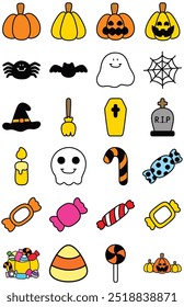 A Set of Colorful Vector Illustrations With a Halloween Theme. This Collection Includes Pumpkins, Ghosts, Bats, Witches' Hats, Candies, Spiders. Perfect for Seasonal Designs, Crafts, Decorations.