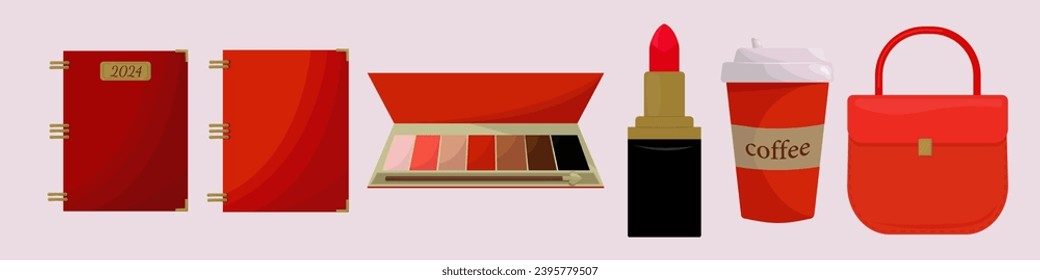 Set colorful vector illustrations of handbag, notebooks, lipstick,eyeshadow, coffee cup. 