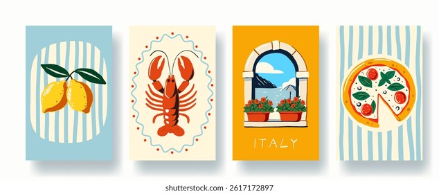 Set of colorful vector illustrations inspired by Italy. Lemons, lobster, seaside window with flowers, and pizza. Bright Mediterranean design, perfect for posters, prints, travel or food concepts