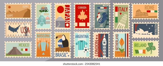 Conjunto de ilustrações vetoriais coloridas de selos de viagem internacionais com marcos emblemáticos e símbolos de vários países, perfeitos para designs com temas de viagem, cartões postais e lembranças