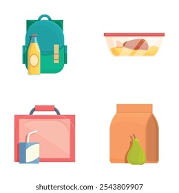 Set of colorful vector illustrations of lunchrelated items including a backpack, food container, lunchbox, and paper bag