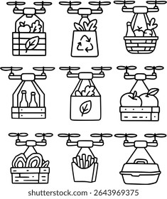 A set of colorful vector illustrations showing drones delivering food, vegetables, fruits, and fast food in eco-friendly containers.
