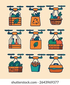 A set of colorful vector illustrations showing drones delivering food, vegetables, fruits, and fast food in eco-friendly containers.