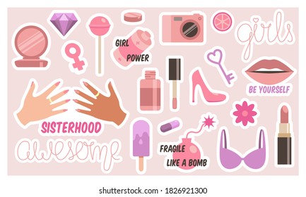 Set of colorful vector illustrations of various girlish and feminist stickers of body parts and stylish accessories with inscriptions and symbols