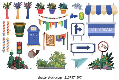 A set of colorful vector illustrations of various urban objects and decorations. Very cute and detailed. Suitable for postcards, guidebooks, brochures, etc.
