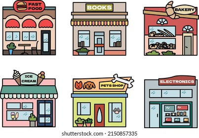 set of colorful vector images of houses and shops