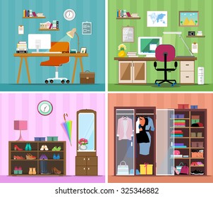 Set of colorful vector interior design house rooms with furniture icons: working place with computer, modern home office, wardrobe with clothes and shoes and corridor. Flat style vector illustration.