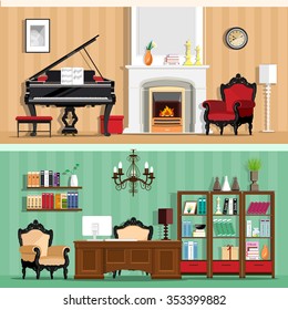 Set Of Colorful Vector Interior Design House Rooms With Furniture Icons: Living Room And Home Office. Rooms With Vintage Interior Elements. Flat Style Vector Illustration.