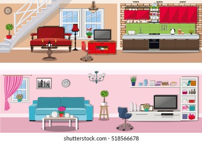 Set of colorful vector interior design house rooms with furniture  icons - living room and kitchen. Flat style vector illustration.