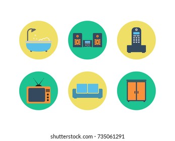Set of colorful vector interior design. Color flat icons.