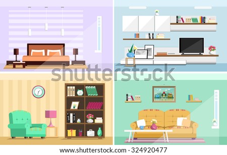 Set of colorful vector interior design house rooms with furniture icons: living room, bedroom. Flat style vector illustration.
