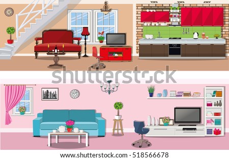 Set of colorful vector interior design house rooms with furniture  icons - living room and kitchen. Flat style vector illustration.