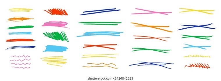 Conjunto de elementos gráficos infantiles aislados por vectores coloridos. Lápiz o pinceles de lápiz dibujados a mano, subrayados, ondas, garabatos tachados, líneas de énfasis y cruces