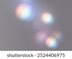 Set of colorful vector lenses and light flares with transparent effects. Iridescent crystal leak glare reflection effect. Optical rainbow lights, glare, leak, streak overlay. falling confetti. Vector