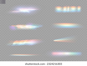 Set of colorful vector lenses and light flares with transparent effects. Iridescent crystal leak glare reflection effect. Optical rainbow lights, glare, leak, streak overlay. falling confetti. Vector