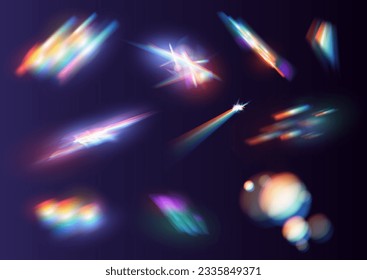 Conjunto de lentes vectoriales coloridas y bengalas luminosas con efectos transparentes. Efecto de reflexión sobre la filtración de cristal irlandés. Luces ópticas de arco iris, resplandor, filtración, superposición de rayas. caía confetti. Vector